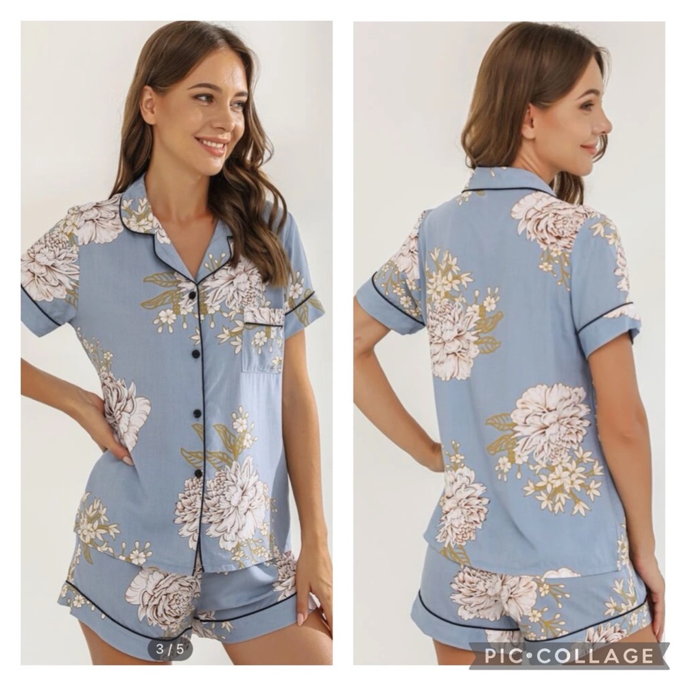 Floral Print Contrast Piping Pocket Front PJ Set Dusty Blue S (4) Pajamas